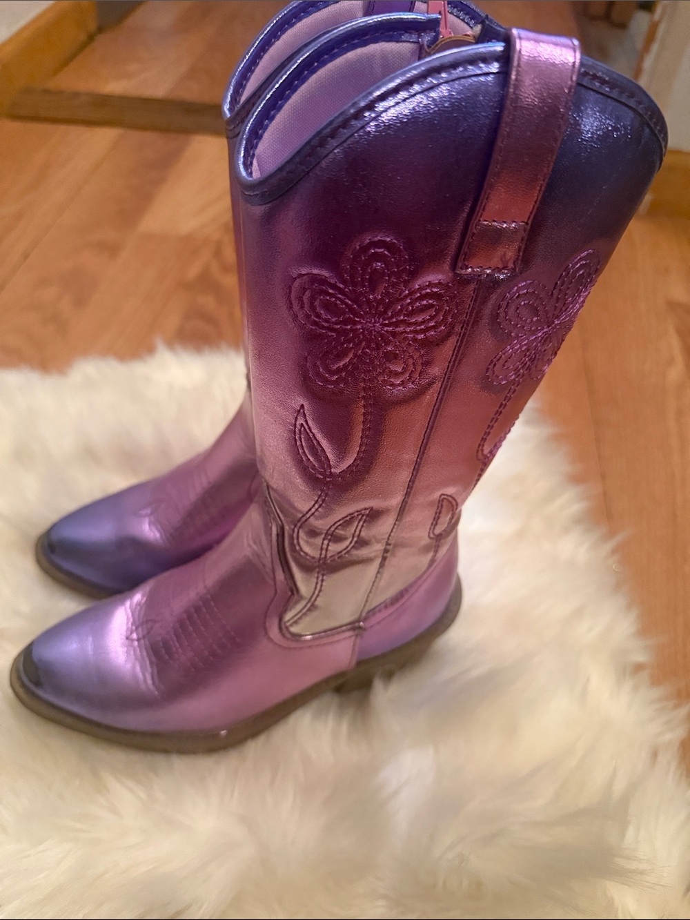 Iridescent KIDS Purple Western Boots with Floral Stitching